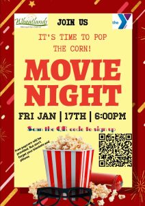 Promotional poster for a movie night with a red border, popcorn image, and event details, including a QR code.