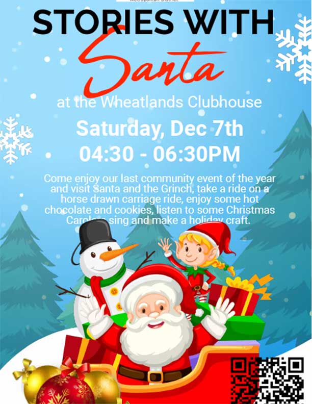 Festive poster for "Stories with Santa" featuring Santa, a child elf, and a snowman in a sleigh, with gifts and snowflakes.