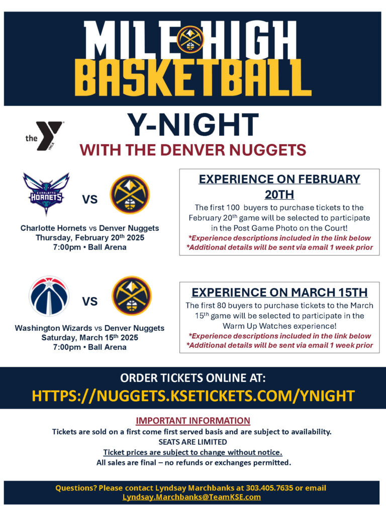 Promotional flyer for Denver Nuggets "Mile High Basketball Y-Night" with game details and ticket information.