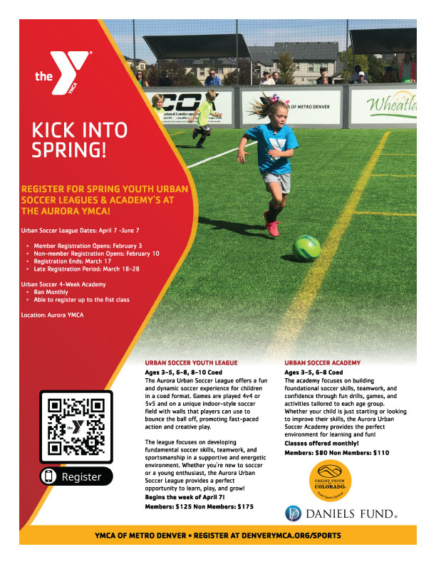 Promotional poster for YMCA spring youth urban soccer leagues and academies with details, a photo of a girl playing soccer, and registration info.