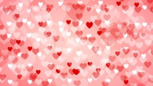 Overlapping cartoon hearts in shades of red and white on a pink background.