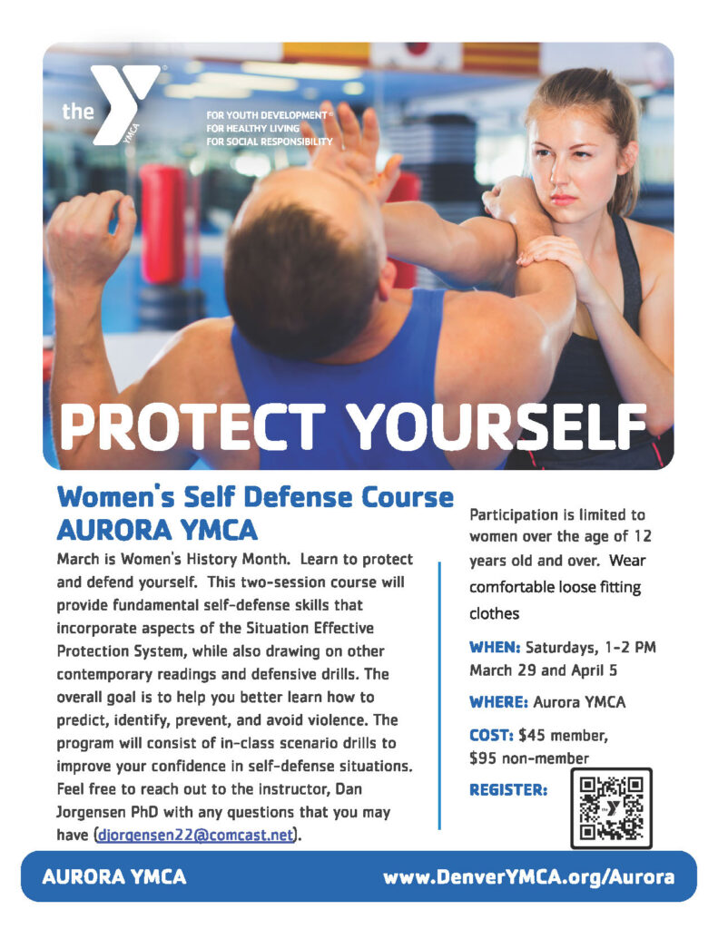 Flyer for a Women's Self-Defense Course at Aurora YMCA featuring a training photo and course details.