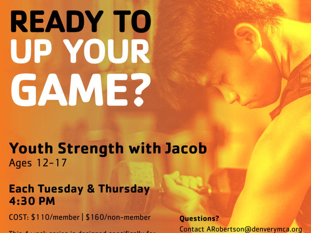 Flyer for a youth strength program with a young person lifting a dumbbell, featuring details and contact info.