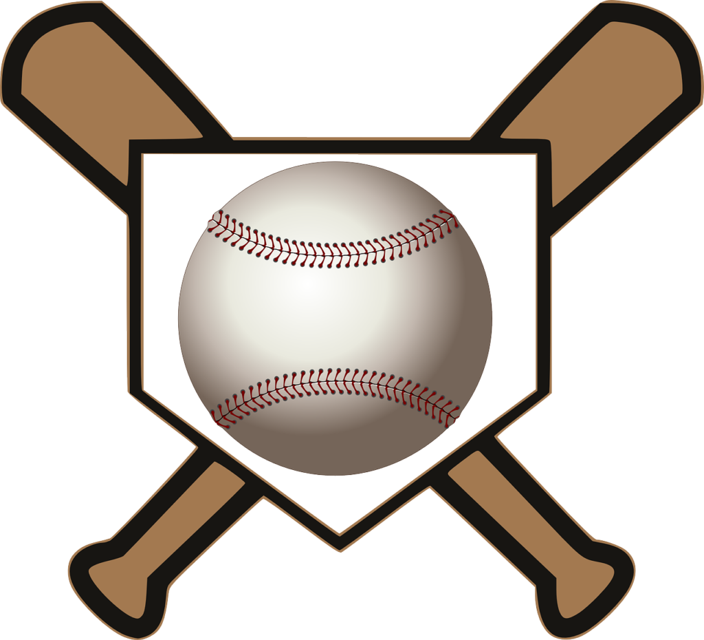 Baseball centered on a home plate with crossed bats behind.